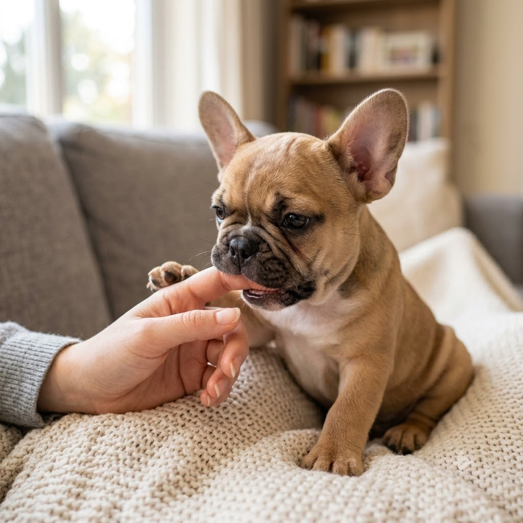 A close-up photograph of a playful fawn French Bulldog puppy sitting on a soft, textured cream knit blanket on a sofa.