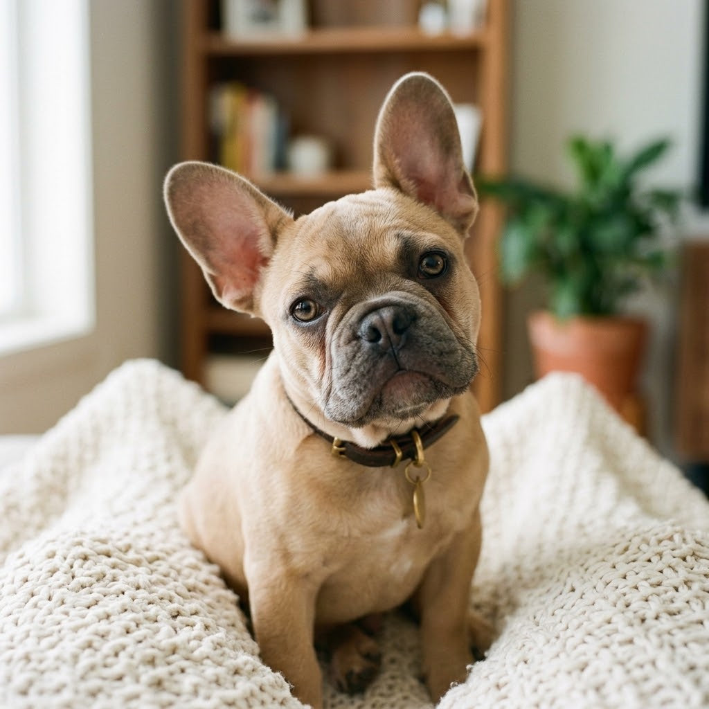 French Bulldog puppy with large, alert ears and expressive brown eyes, looking directly at the camera with a slight head tilt.