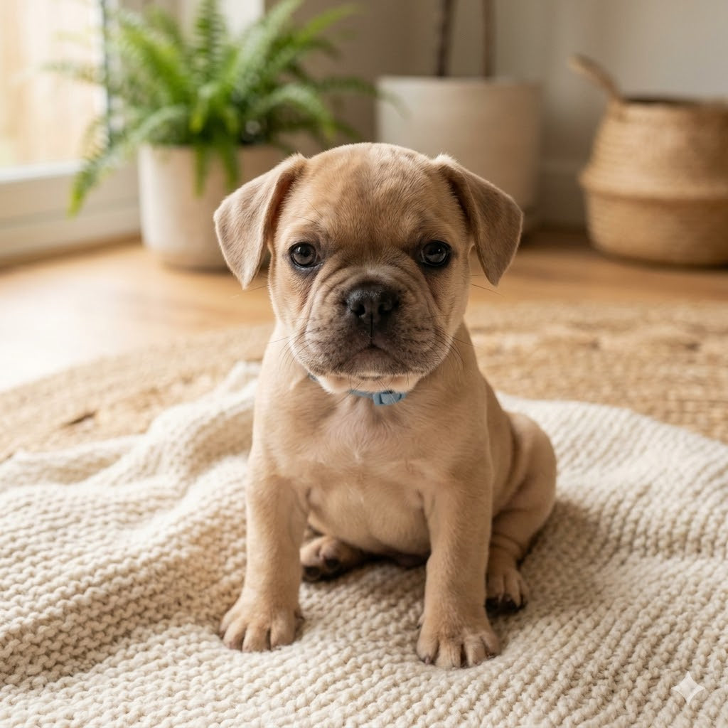 A full-front portrait of an innocent, fawn-colored bulldog puppy with large, dark eyes and a small blue collar.