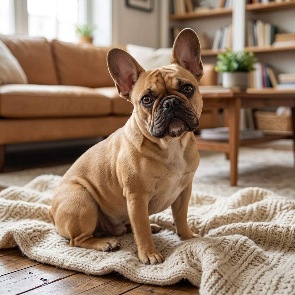 A fawn-colored French Bulldog puppy with large, erect ears sitting on a chunky knit blanket in a cozy living room, looking into the camera.
