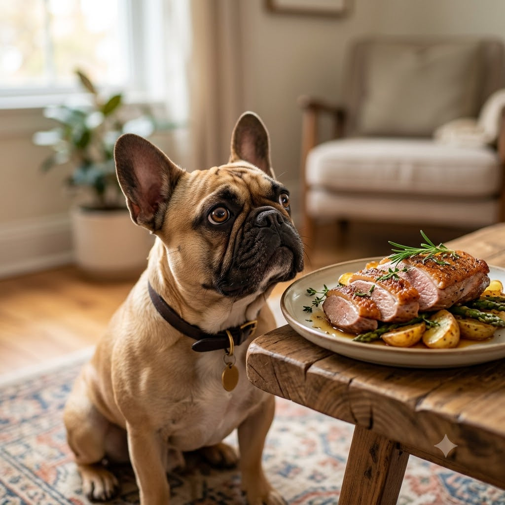 A fawn French Bulldog with large bat ears sits on a patterned rug, looking intently with focused eyes up at a ceramic plate holding sliced roasted duck breast with crispy skin on a low wooden table.