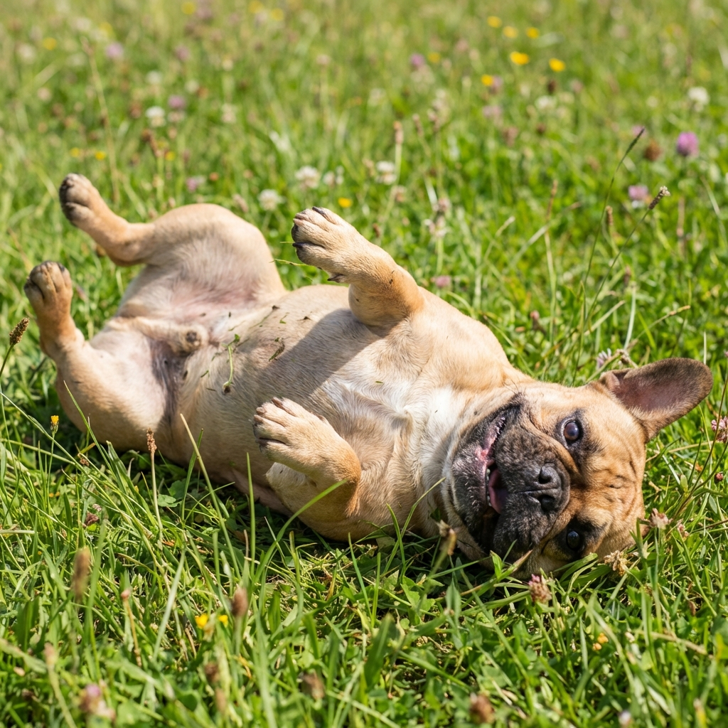 A French Bulldog playfully rubbing its back in the grass, displaying typical happy dog behavior outdoors.