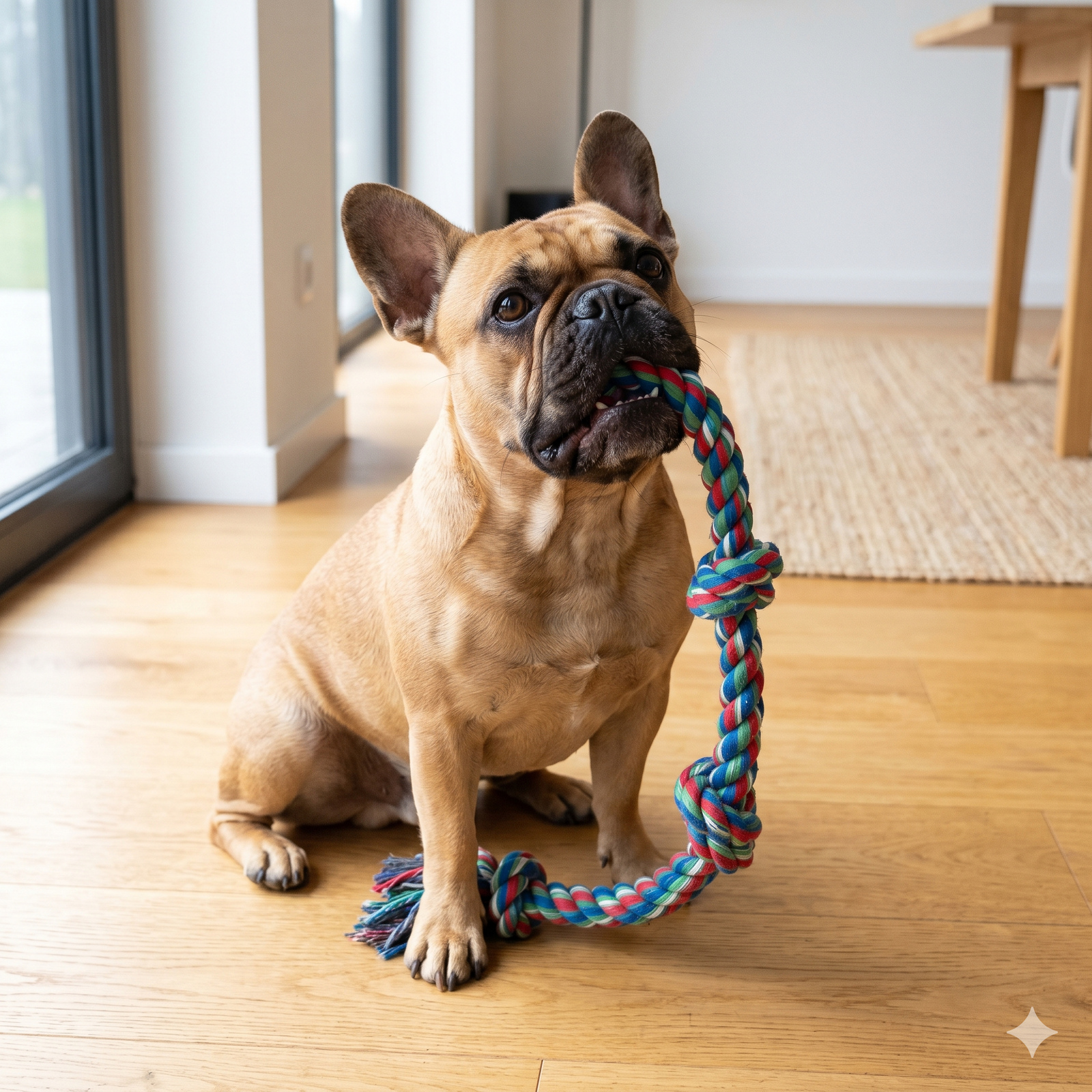 A 1:1 square photo of an attentive fawn-colored French Bulldog on a light wood floor, happily gripping a multi-colored braided rope toy. The dog is looking at the camera with its signature bat ears.