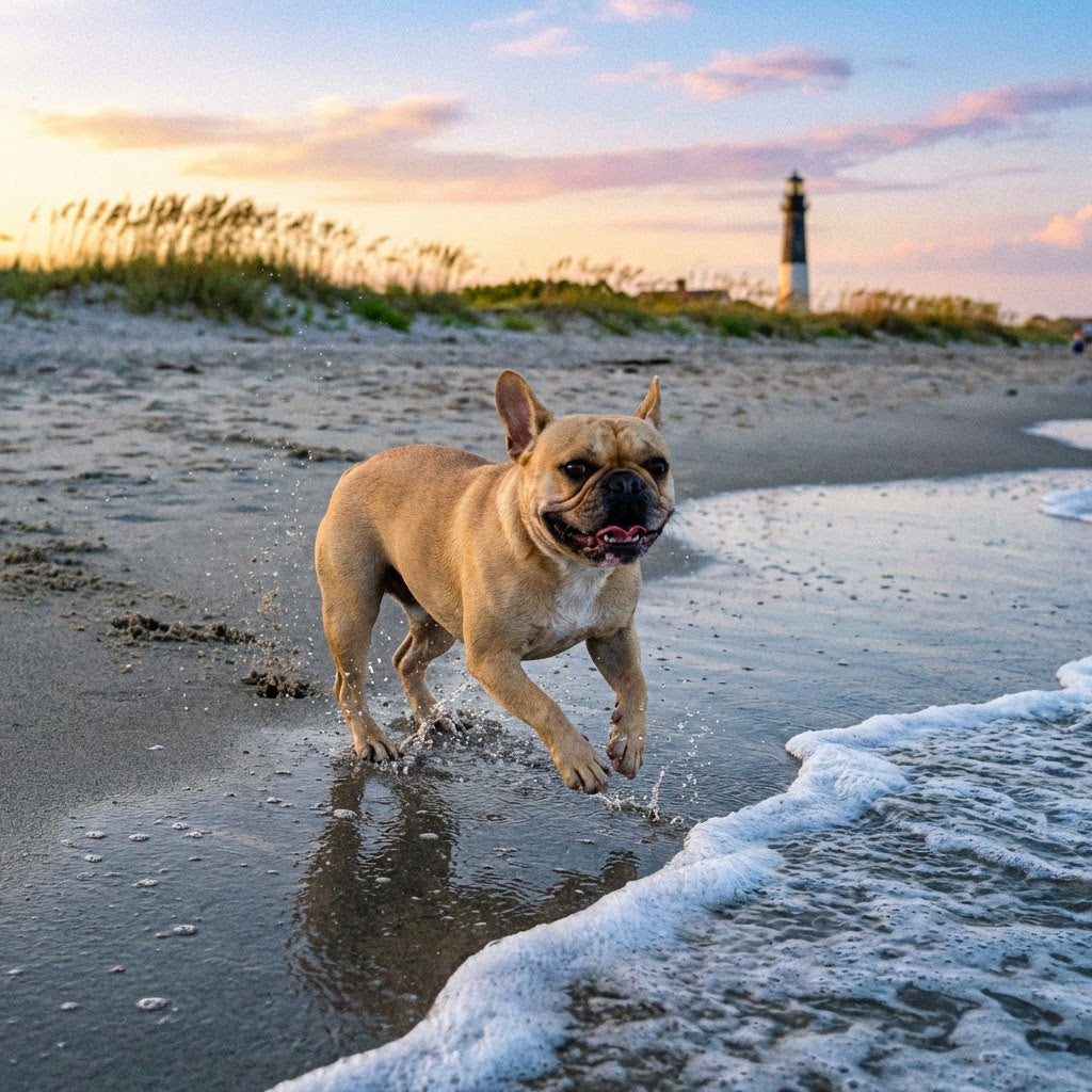 A fawn French Bulldog running and splashing in shallow ocean water on a sandy beach at sunset, with a lighthouse visible in the background.
