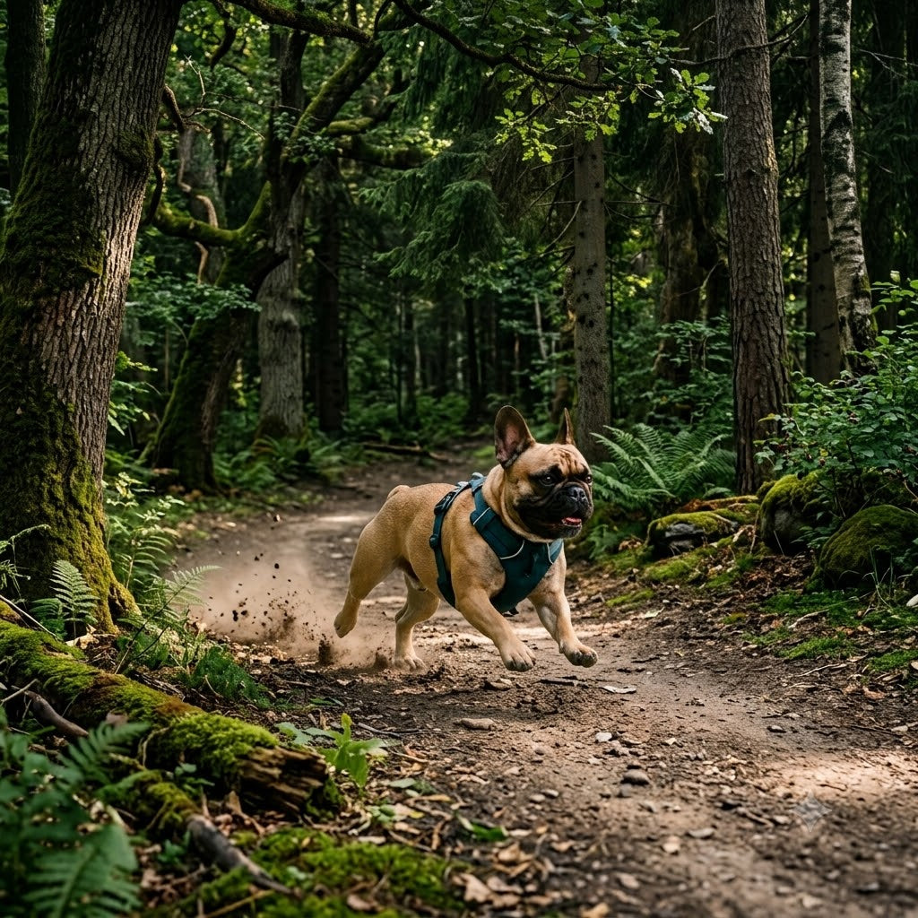 A dynamic action photograph of an energetic fawn French Bulldog, wearing a full teal harness, running in mid-stride along a winding dirt forest trail.