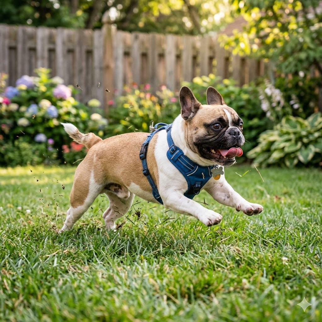 A dynamic, sunlit photograph of a fawn and white French Bulldog captured mid-air running across a lush green lawn.