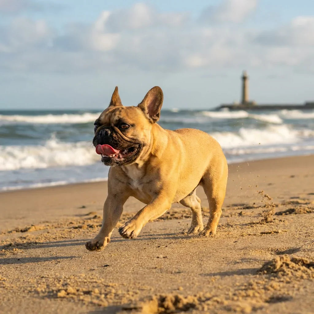 A happy fawn French Bulldog running on a sandy beach with its tongue out, featuring ocean waves and a distant lighthouse in the background.