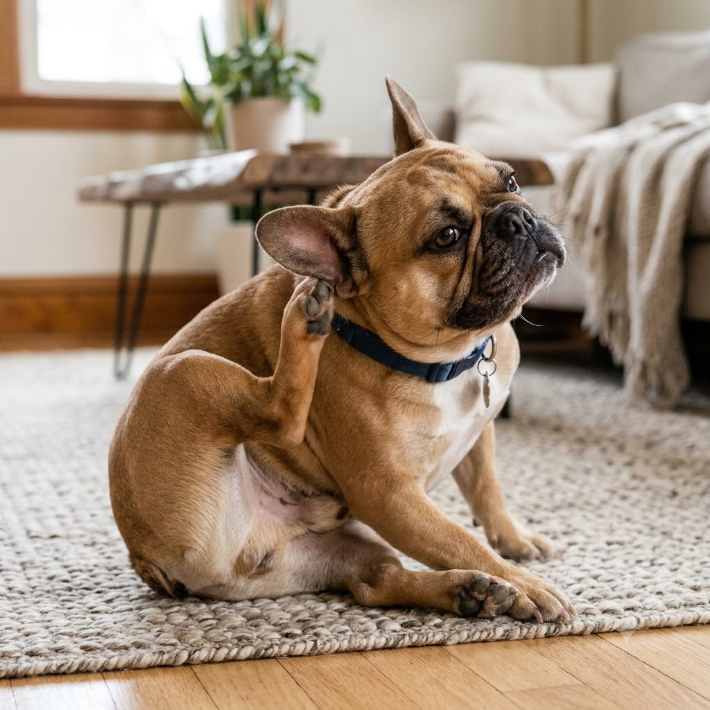 A fawn-colored French Bulldog is captured in a cozy living room, sitting on a textured woven rug and actively scratching behind its ear with its hind leg.