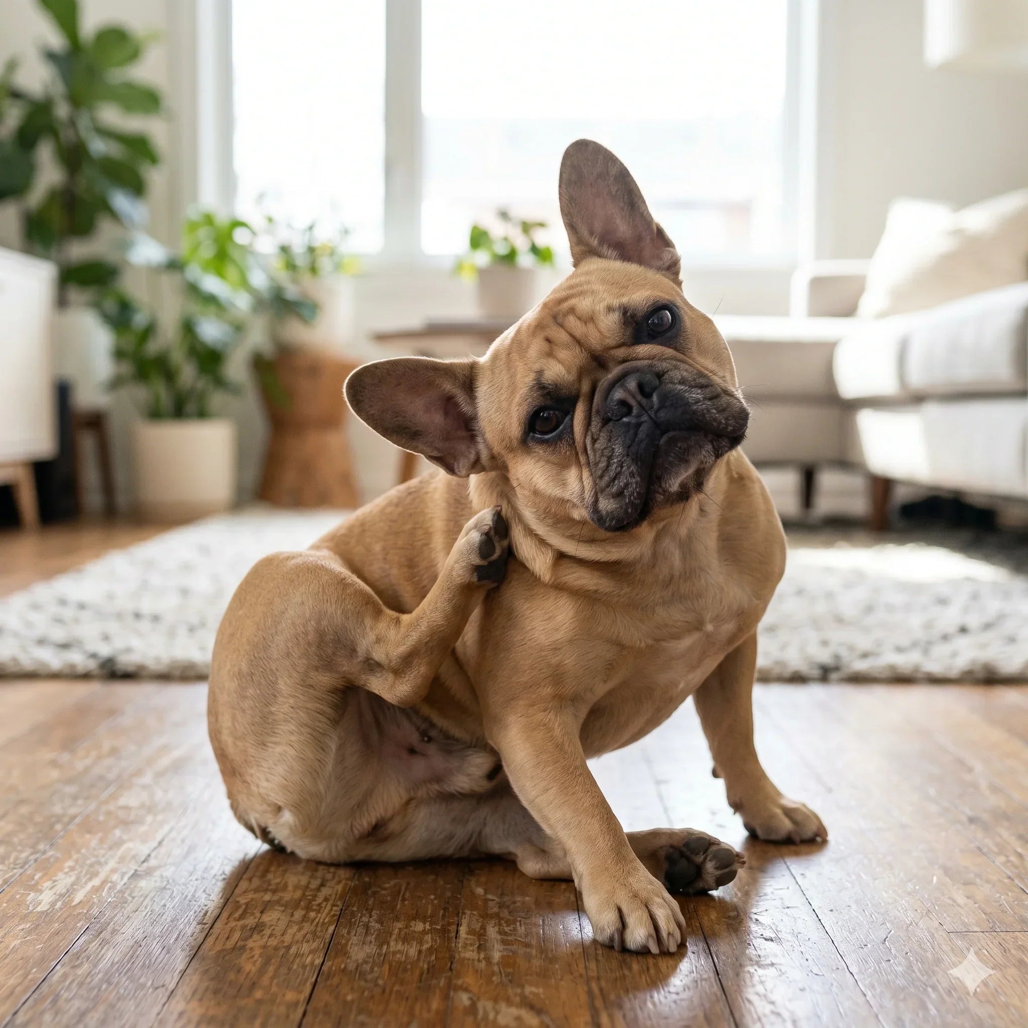 Fawn French Bulldog sitting on a hardwood living room floor, tilting its head and scratching its neck with its hind paw.