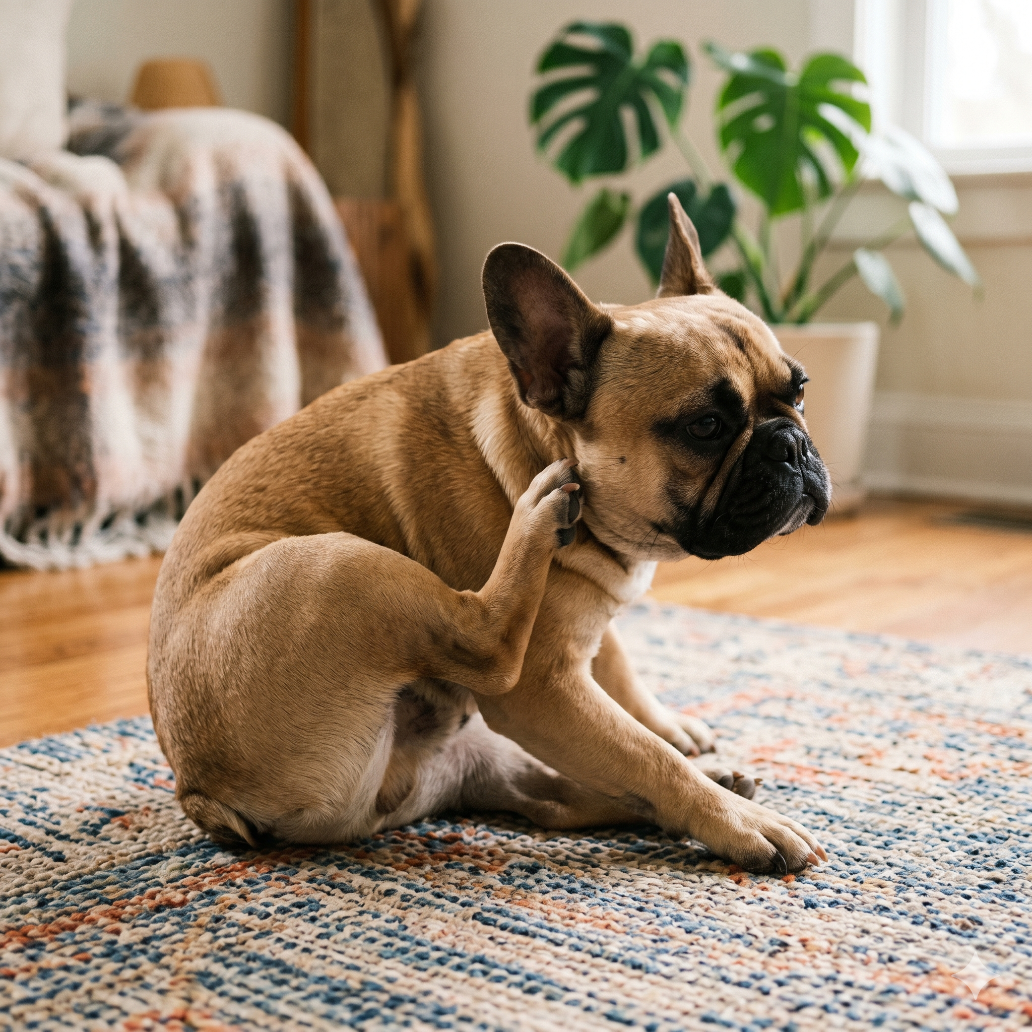 A candid, square portrait of a fawn French Bulldog seated naturally on a colorful, textured area rug in a cozy living room. The dog is actively scratching its itchy neck below its left ear with its rear hind leg.