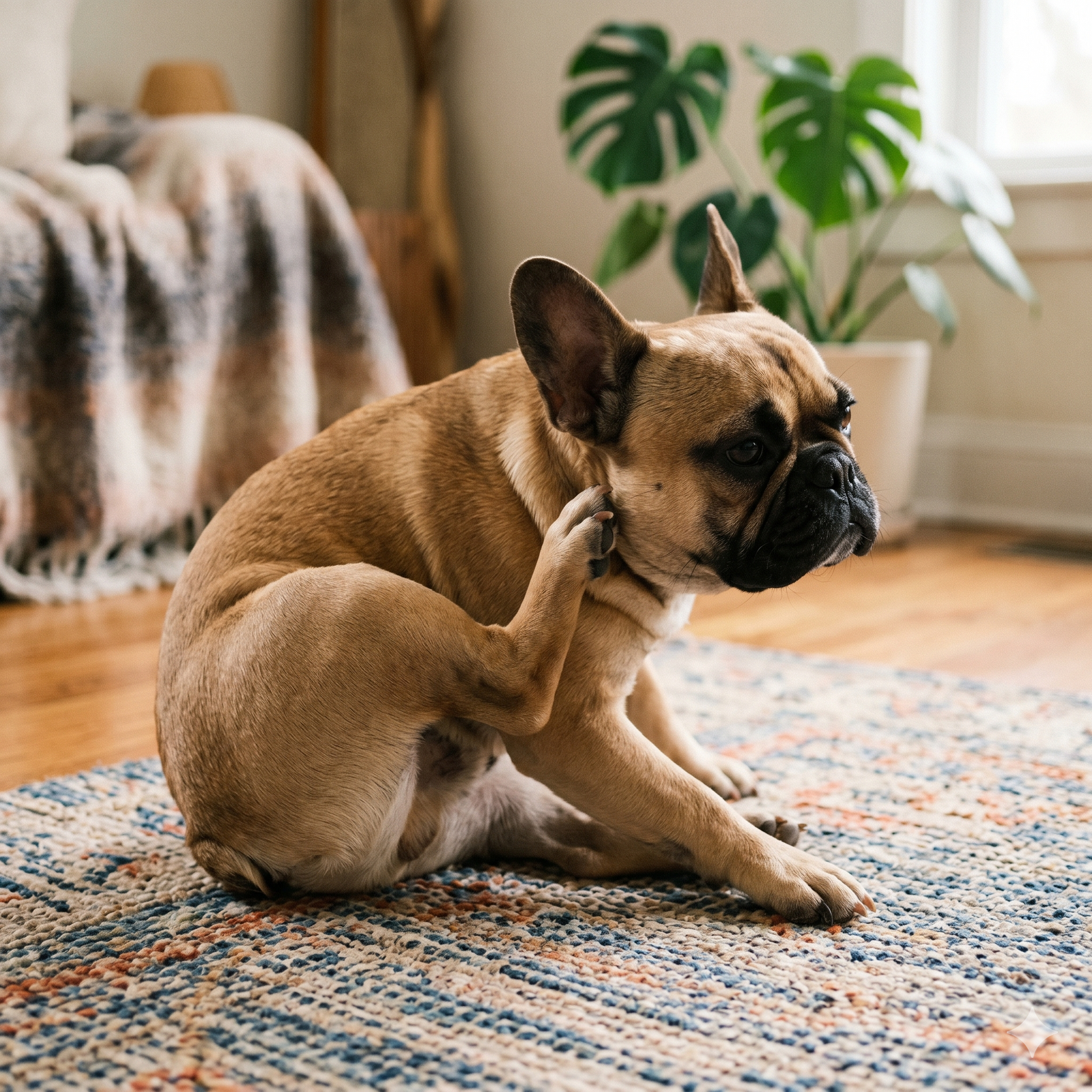 A candid, square portrait of a fawn French Bulldog seated naturally on a colorful, textured area rug in a cozy living room. The dog is actively scratching its itchy neck below its left ear with its rear hind leg.