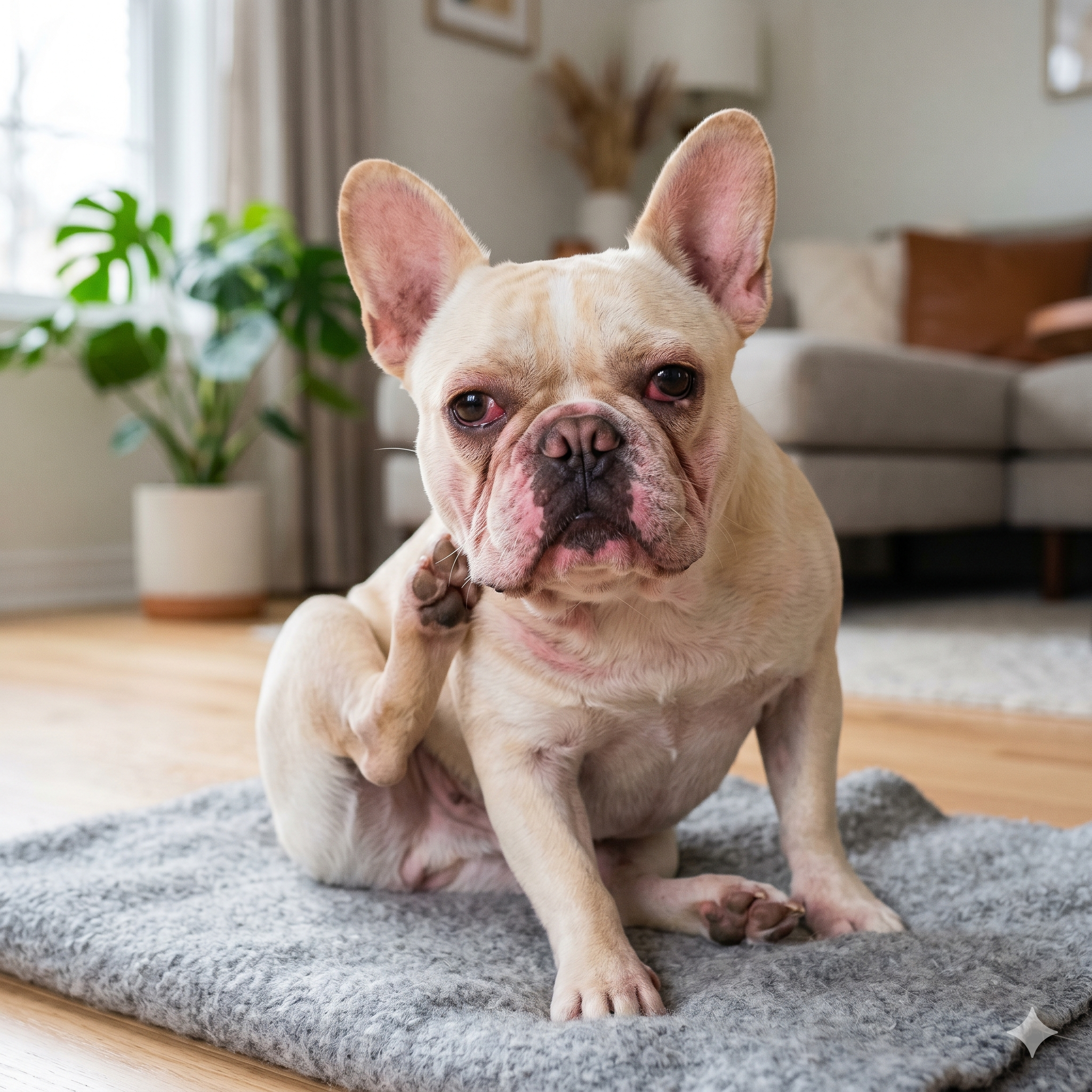 A fawn French Bulldog sitting on a plush grey pet mat in a bright, modern living room. The dog is actively scratching its neck with a hind leg, suggesting itchy skin. The background features blurred potted plants, light wood floors, and a sofa.