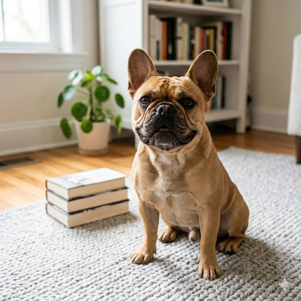 A centered photograph of a fawn-colored French Bulldog sitting attentively on a textured gray shag rug in a living room. The dog looks directly at the camera.