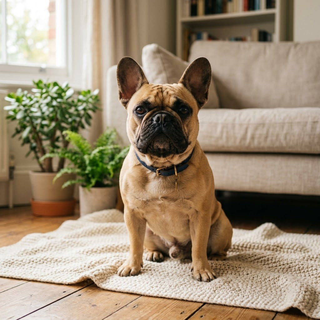 A full shot photograph captures a fawn-colored French Bulldog with a black mask and a blue collar, sitting in the center on a beige knitted blanket on a dark wood floor.