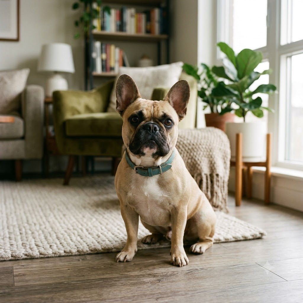 A fawn French Bulldog with a black mask and a teal collar sitting attentively on a textured cream rug in a brightly lit, modern living room.