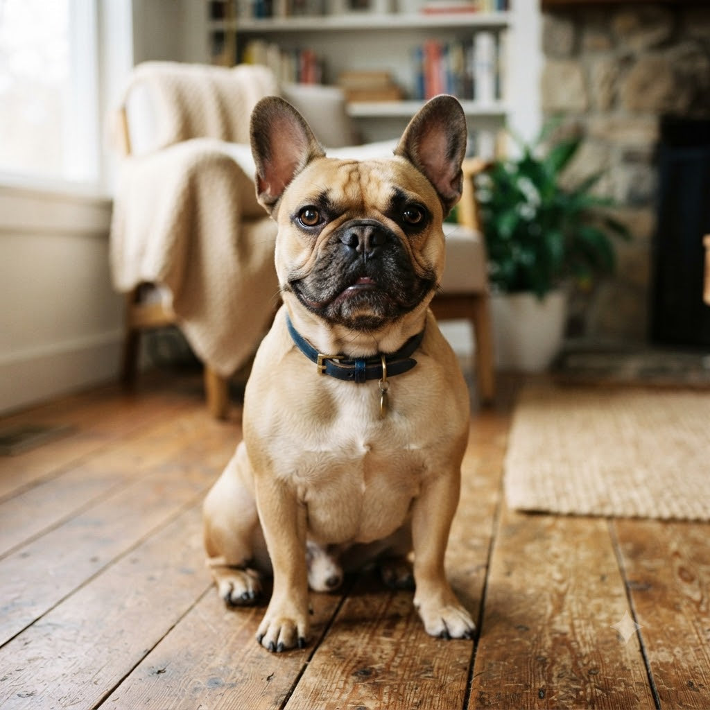 A centered, medium shot of a fawn-colored French Bulldog with erect ears sitting upright on a rustic, wide-plank wooden floor.