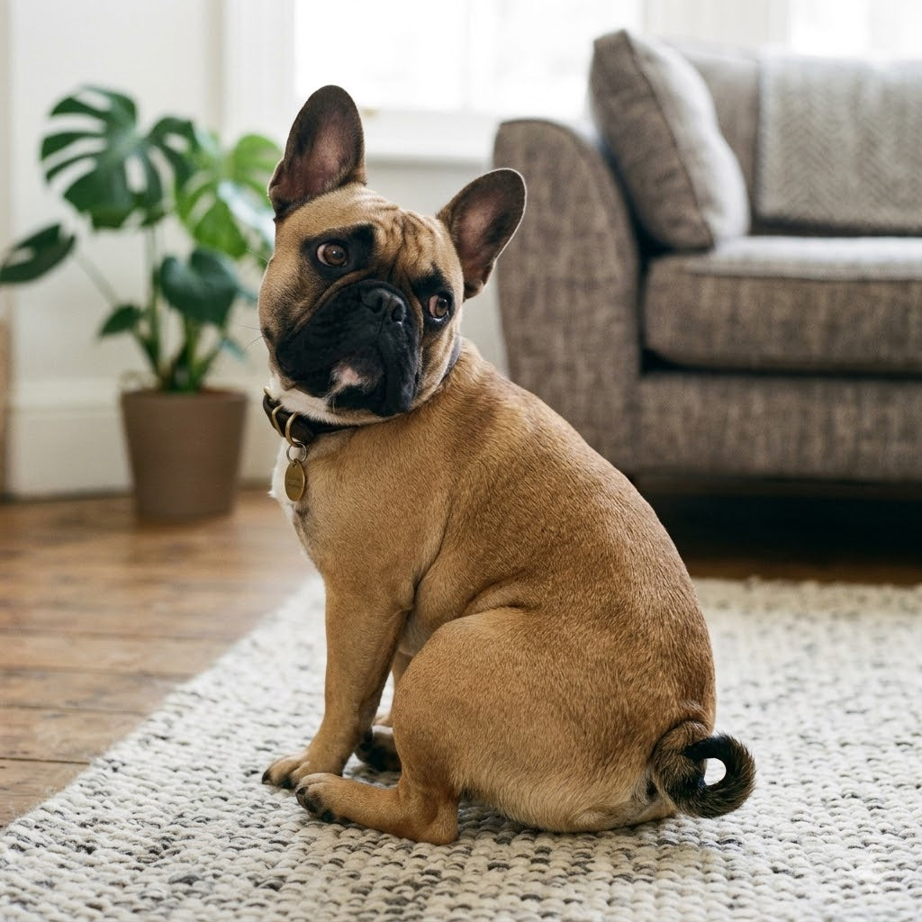 A fawn French Bulldog sitting on a textured grey and white rug in a living room, turning its head to look directly back over its shoulder at the camera.