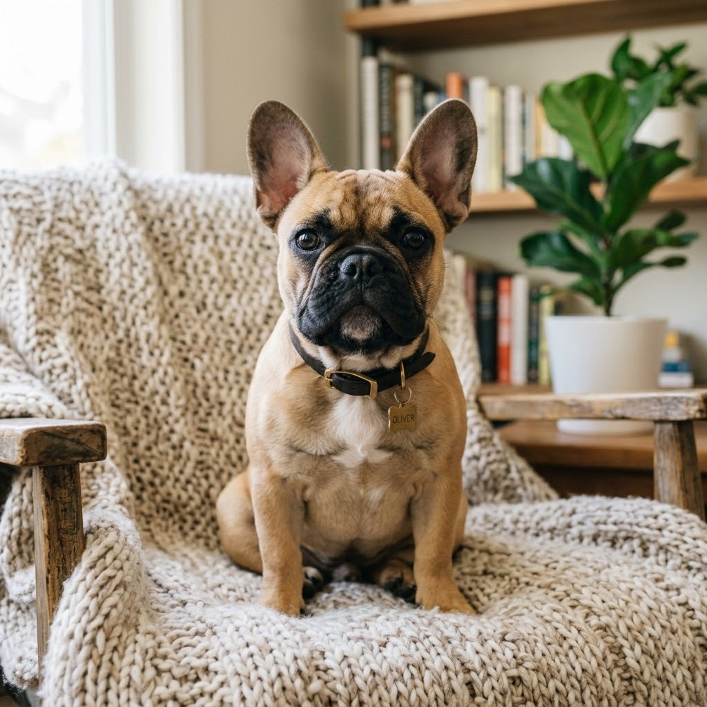 A fawn-colored French Bulldog with erect ears sits comfortably on a chunky knit blanket, looking directly at the camera with large, dark eyes in a cozy home setting.