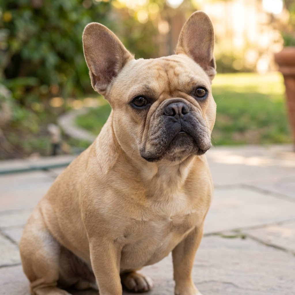 A close-up, natural outdoor photograph of a light fawn-colored French Bulldog sitting calmly on a stone patio.