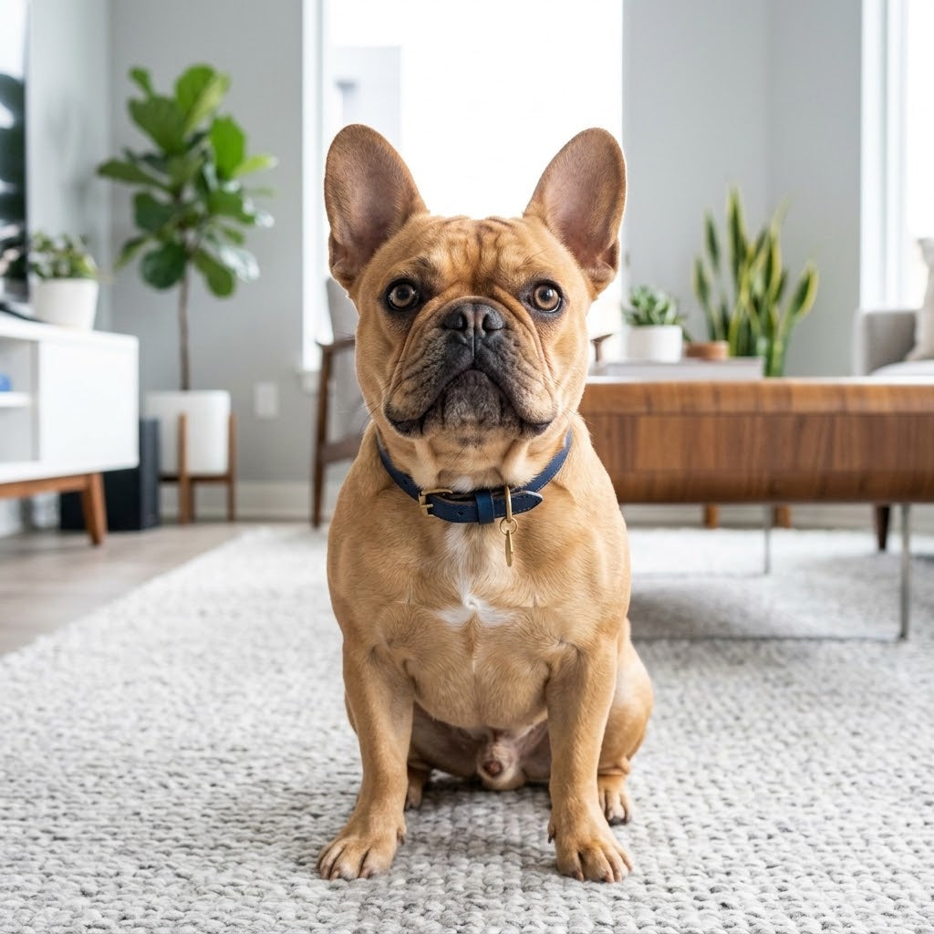 A French Bulldog sitting in a living room looking at just above the camera.