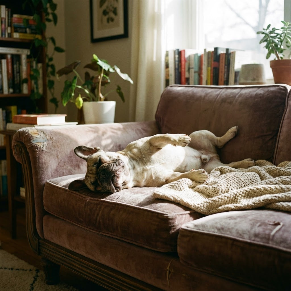 A fawn French Bulldog sleeping deeply on its back with its belly exposed on a velvet couch, bathed in warm sunlight next to a beige knit blanket.