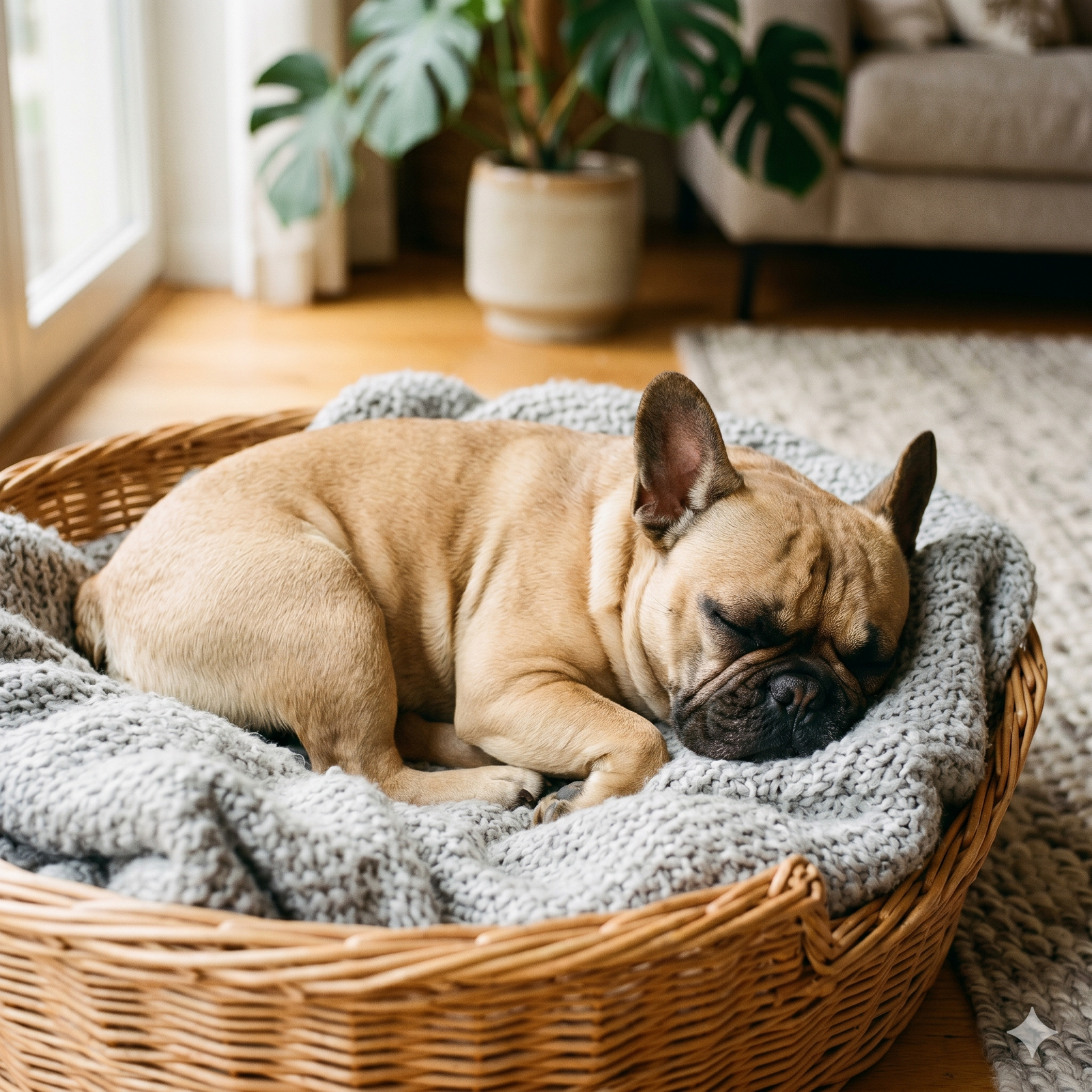 A fawn-colored French Bulldog sleeping soundly, curled up inside a woven wicker dog basket lined with a thick, grey knitted blanket. The background shows an indoor living space with natural light.