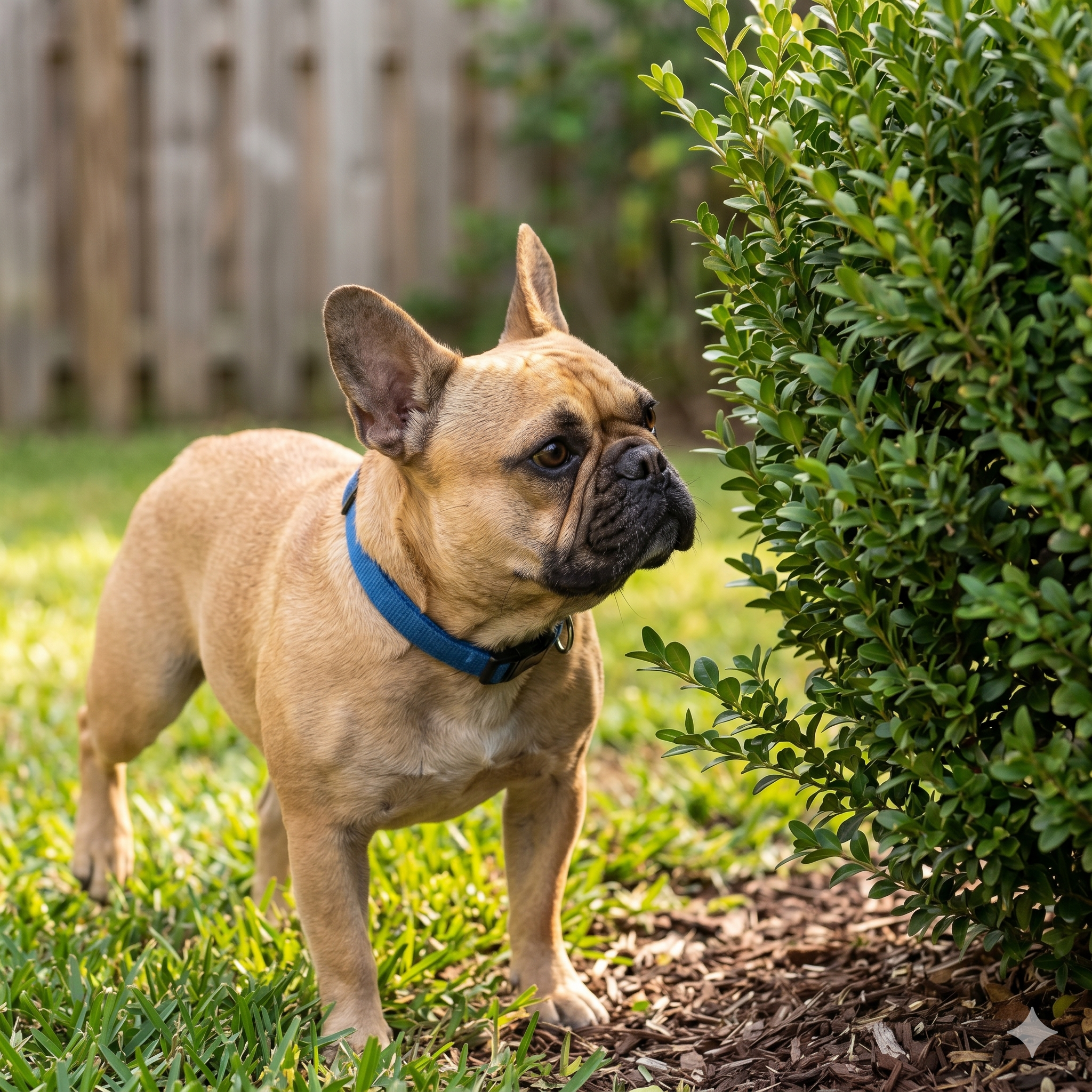 A fawn French Bulldog wearing a blue collar standing on a grassy lawn, looking curiously at a green bush in a sunny backyard.
