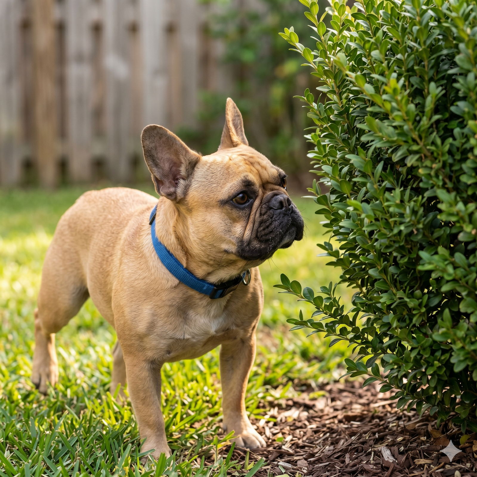 A fawn French Bulldog wearing a blue collar standing on a grassy lawn, looking curiously at a green bush in a sunny backyard.