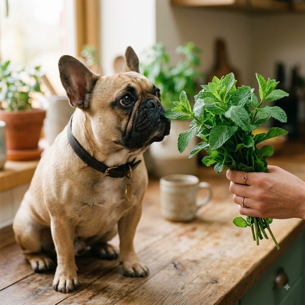 A fawn French Bulldog sitting happily on a wooden surface, looking intently up at a large bunch of fresh green mint leaves held just out of frame.