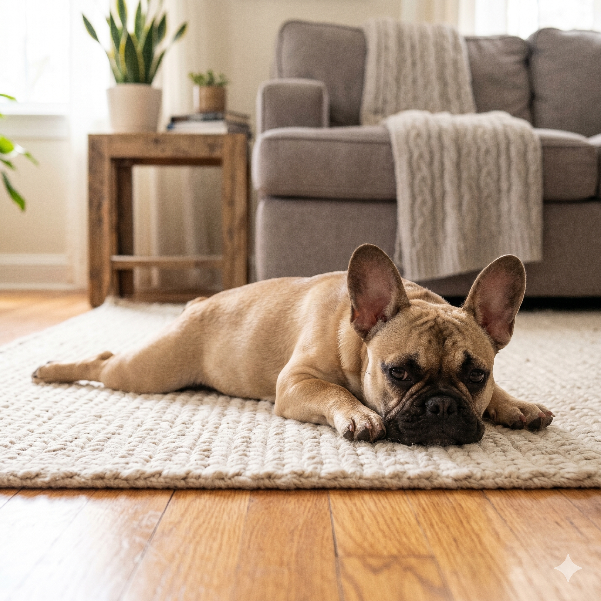 A fawn French Bulldog is shown lying in a 'sploot' position on a textured cream rug in a cozy living room. The dog is looking towards the camera, with its hind legs extended straight back.