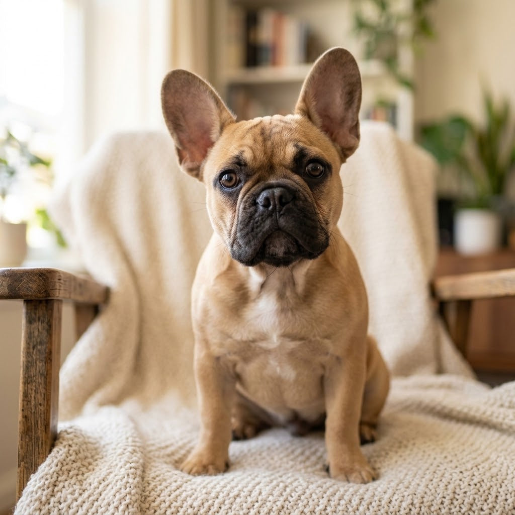 A fawn French Bulldog sitting attentively on a wooden chair draped with a textured cream-colored blanket.