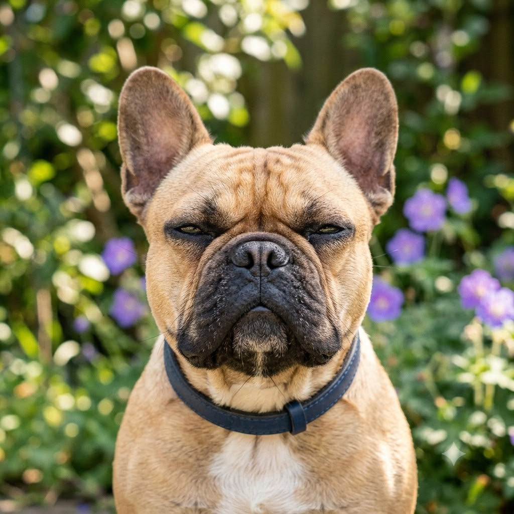 A candid, square close-up portrait photograph of a fawn-colored French Bulldog outdoors in a garden, squinting its eyes partially closed against the natural daylight.