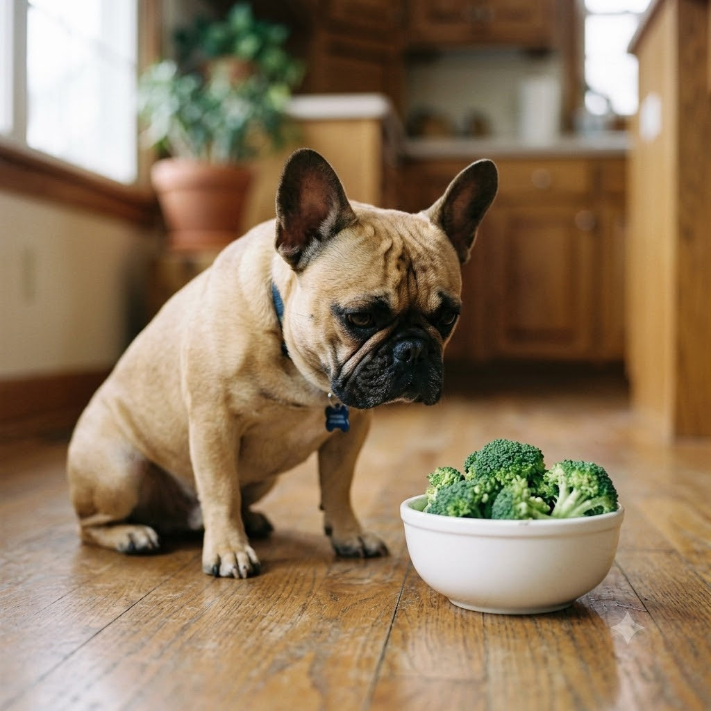A fawn French Bulldog with a blue collar is sitting on a hardwood floor. It is staring intently at a white ceramic bowl filled with fresh green broccoli florets.