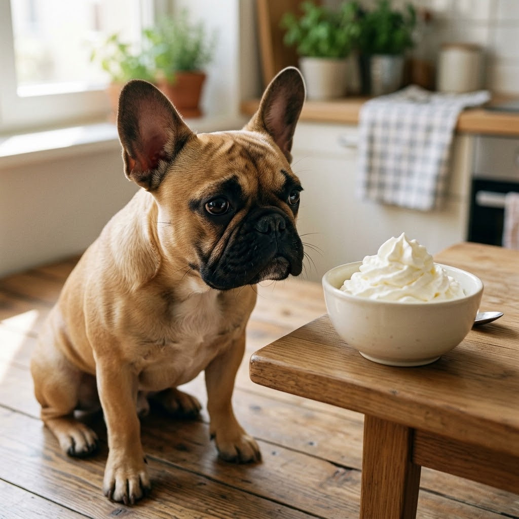 French Bulldog is looking with curious and hopeful eyes at a white ceramic bowl filled with whipped cream.