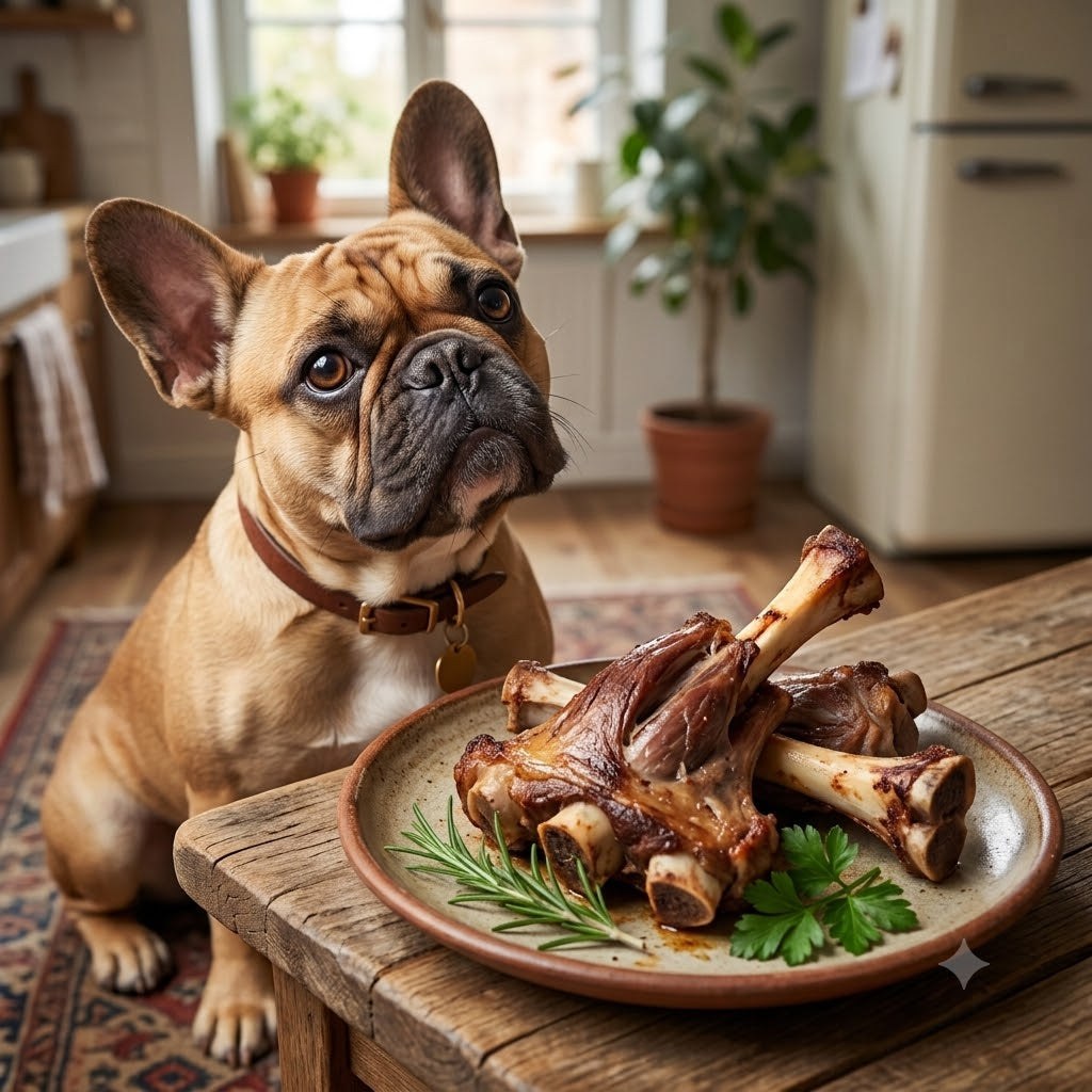 A fawn French Bulldog with a brown leather collar sitting on a patterned rug, looking up with curious eyes at a plate of cooked lamb shanks