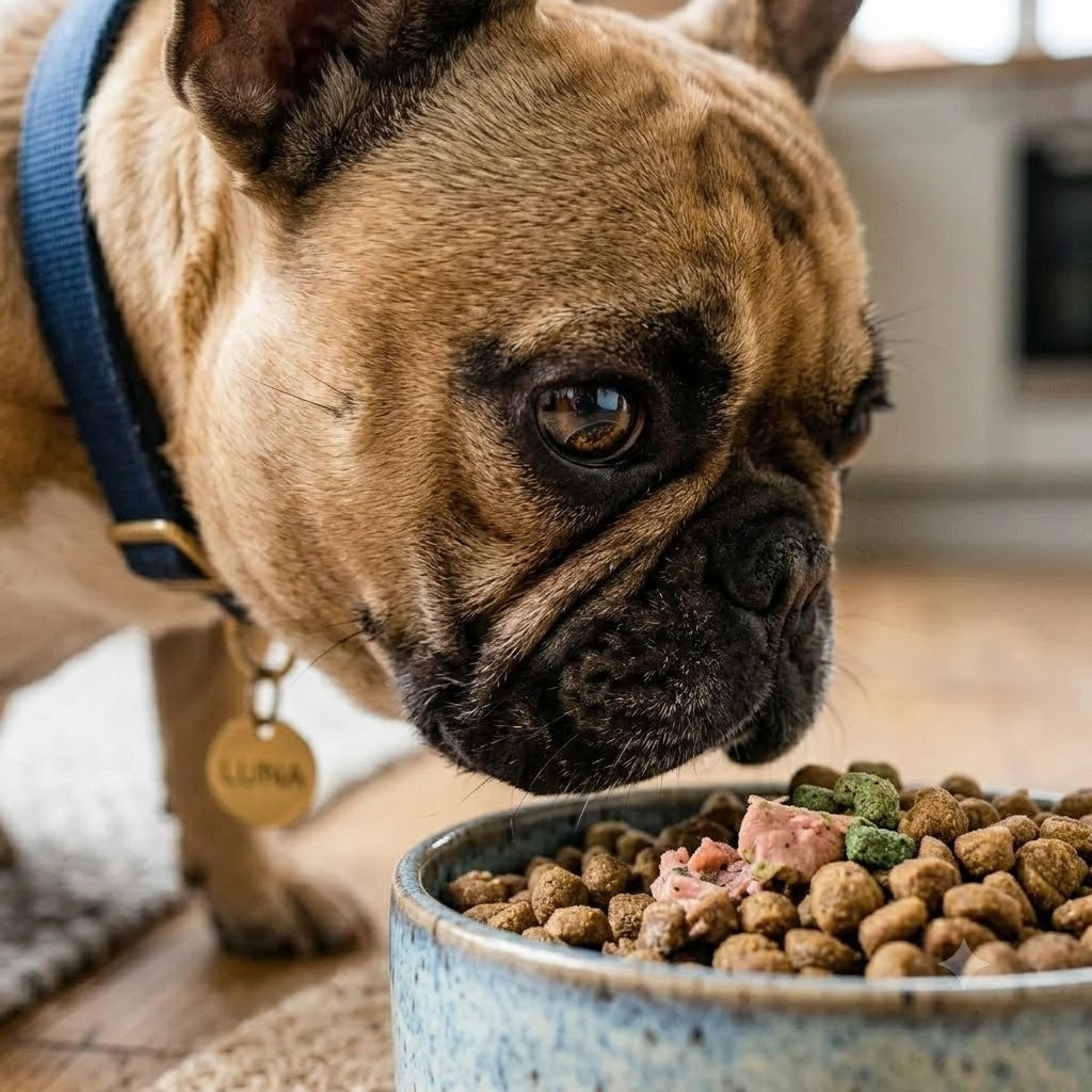An intimate, close-up macro photograph of the fawn French Bulldog, Luna, from image_10.png, viewed from a slightly higher, more intimate perspective over her bowl.