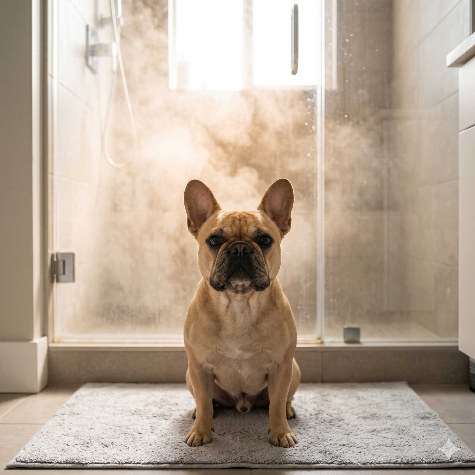 A 1:1 square photograph of an attentive fawn-colored French Bulldog sitting central in a bathroom, framed by the steam of a hot shower in the background. The dog is looking directly at the camera.