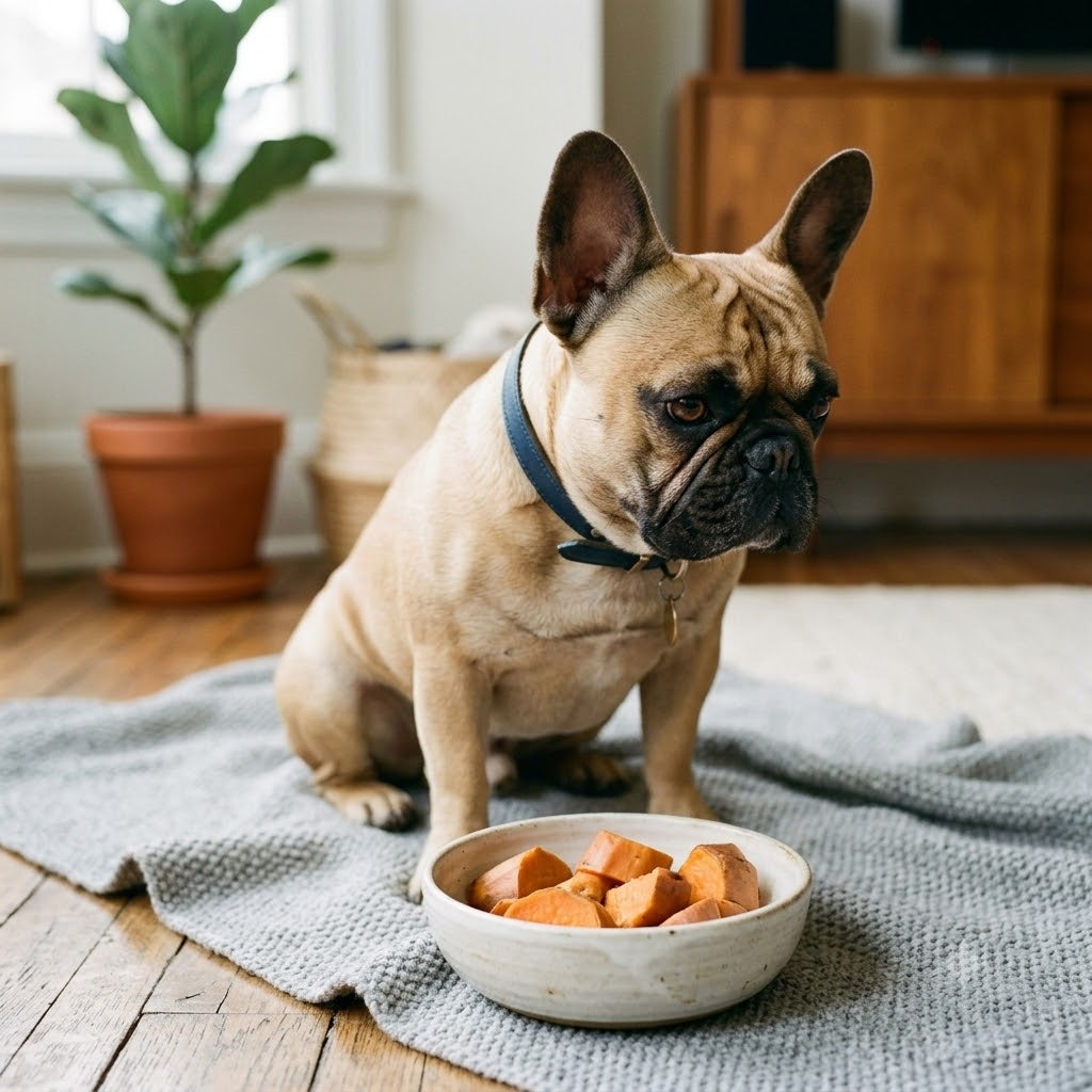 A portrait of a fawn-colored French Bulldog sitting attentively on a textured grey knit blanket.