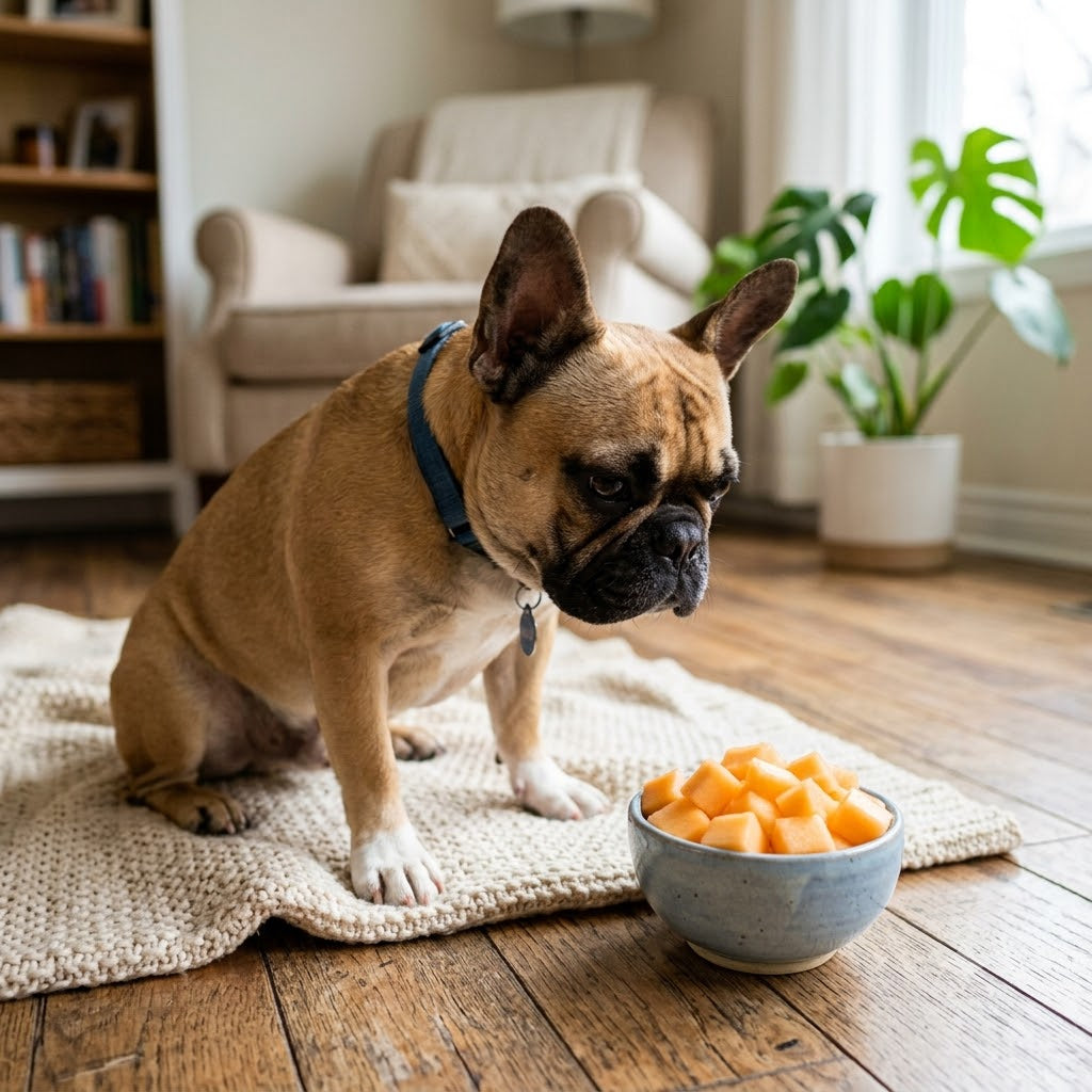 A close-up photograph of a fawn-colored French Bulldog with white paws, wearing a blue collar, sitting on a textured cream knit rug.