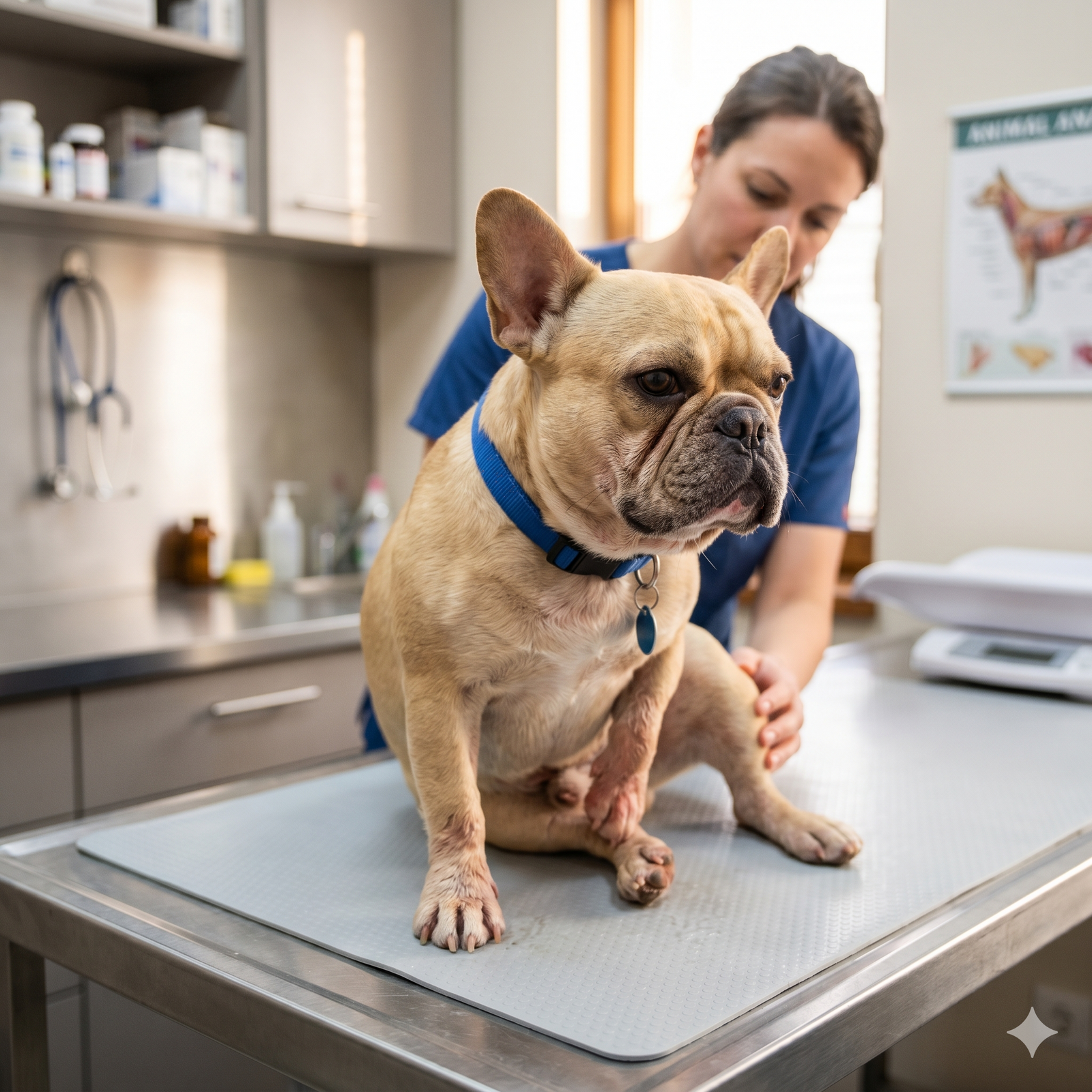 A fawn French Bulldog wearing a blue collar sits on a stainless steel exam table in a well-equipped veterinary clinic.