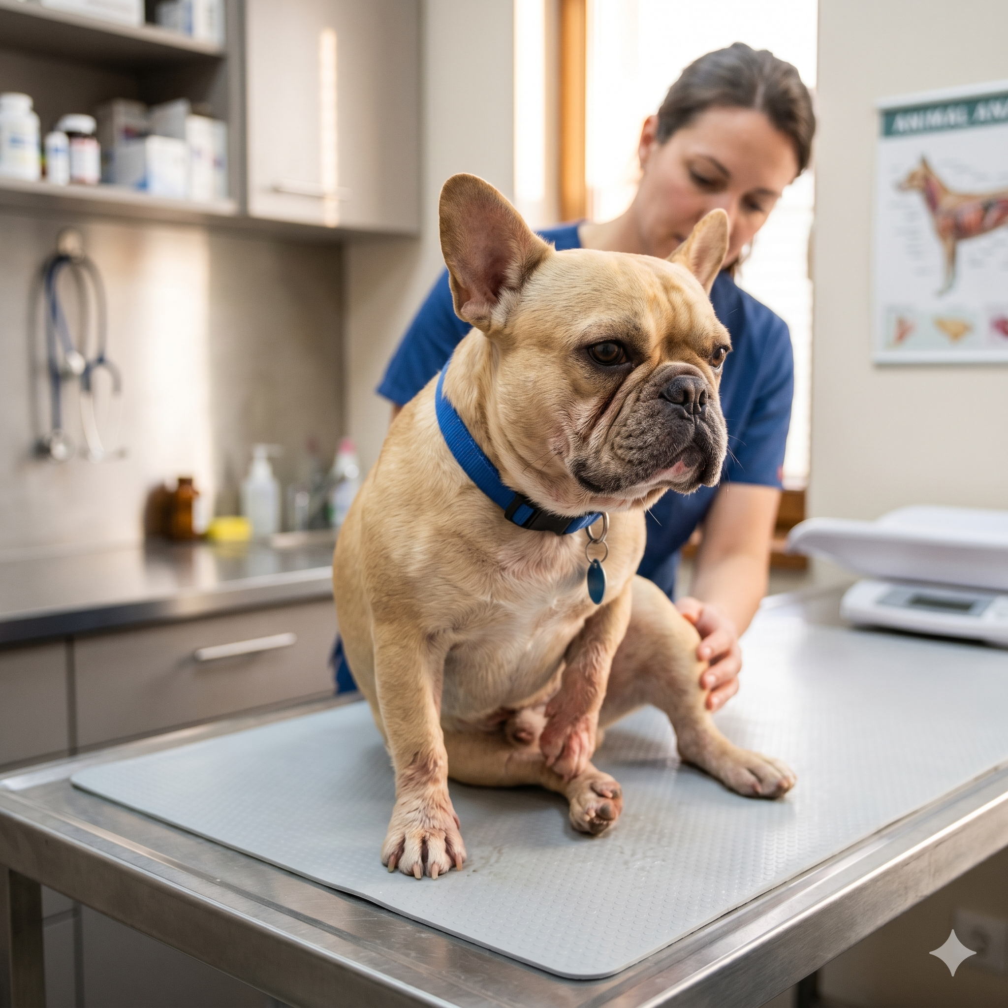A fawn French Bulldog wearing a blue collar sits on a stainless steel exam table in a well-equipped veterinary clinic.