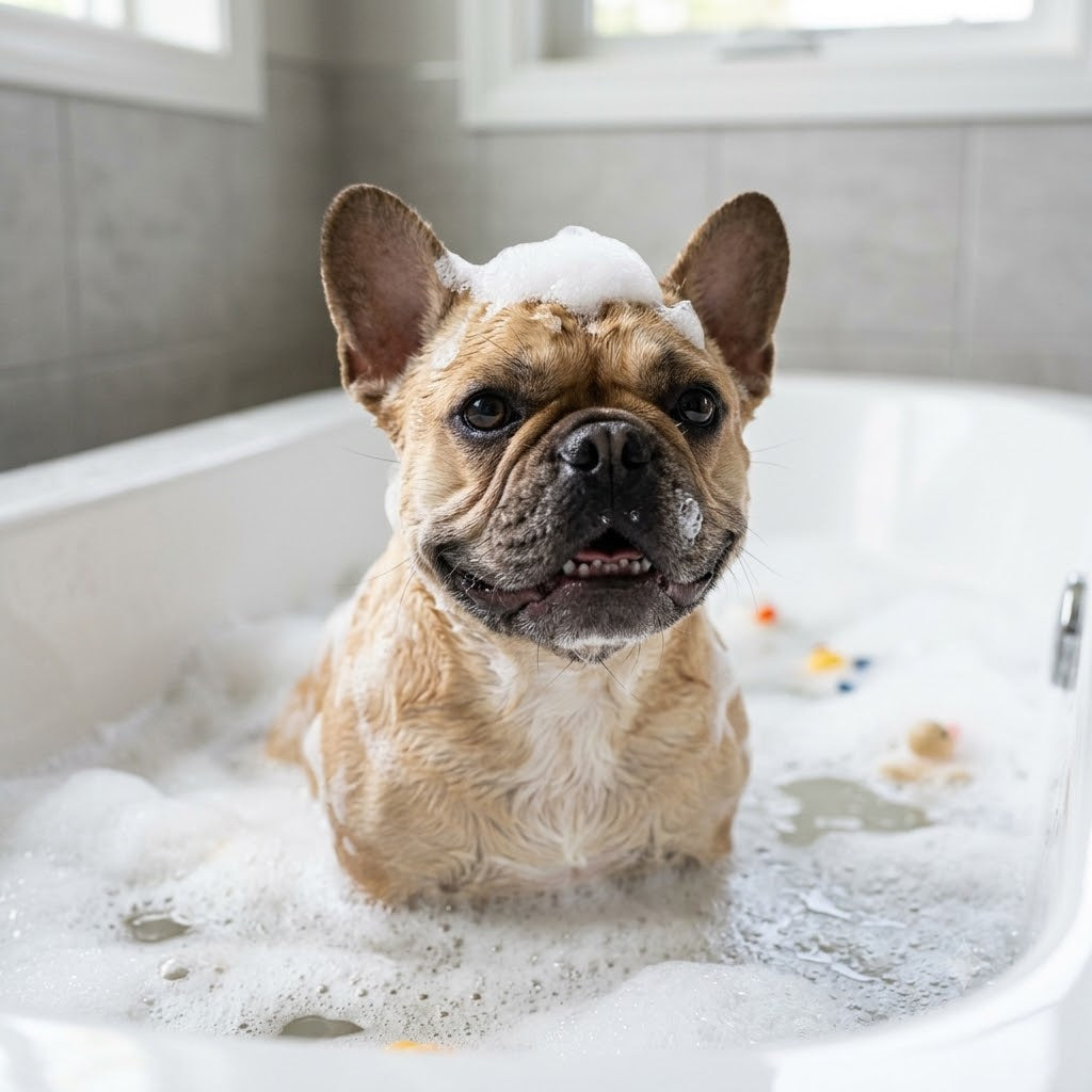 A fawn French Bulldog is sitting in a large, rustic wooden paw soak bowl filled with oatmeal and water, actively getting its paws washed by a woman