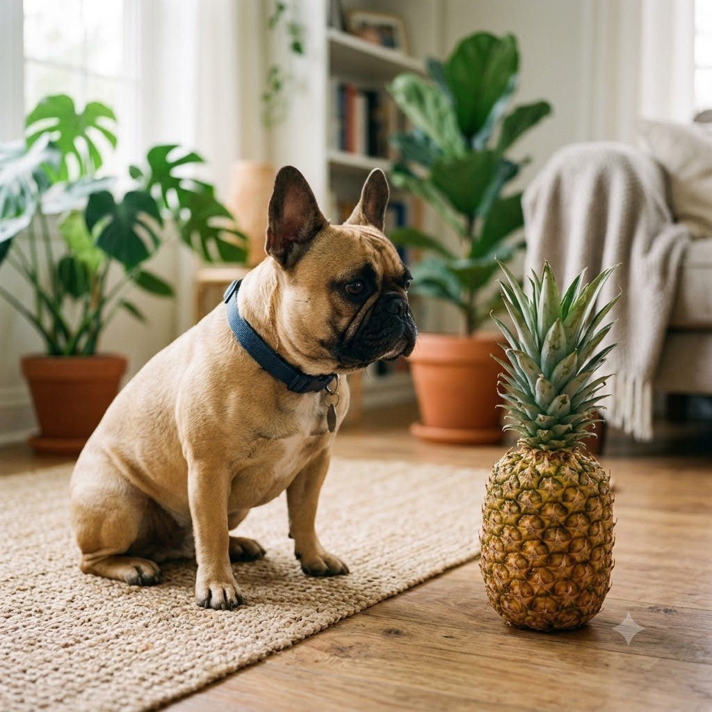 A fawn French Bulldog, wearing a blue collar, sits on a woven rug on a wooden floor, looking with interest at a fresh, whole pineapple.