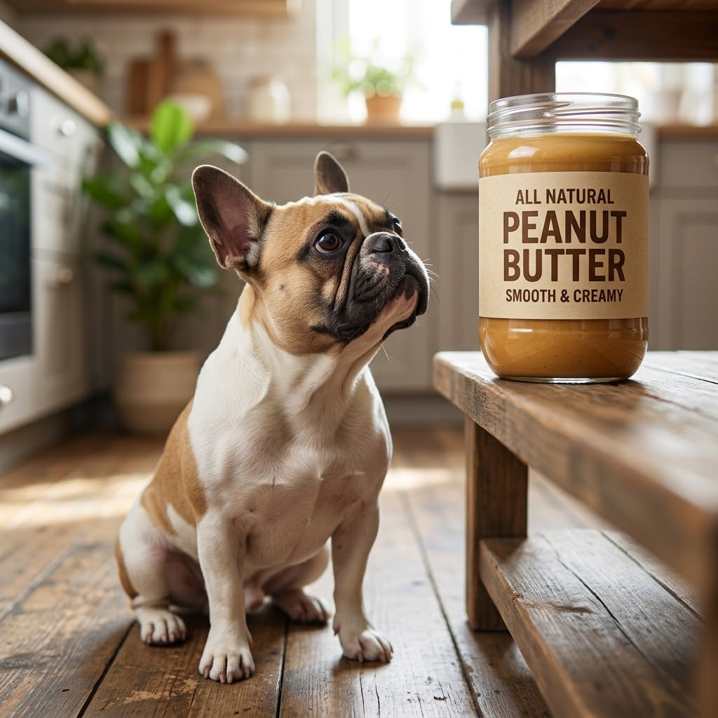 A fawn and white French Bulldog gazing up with an eager, focused expression at a large glass jar of peanut butter.