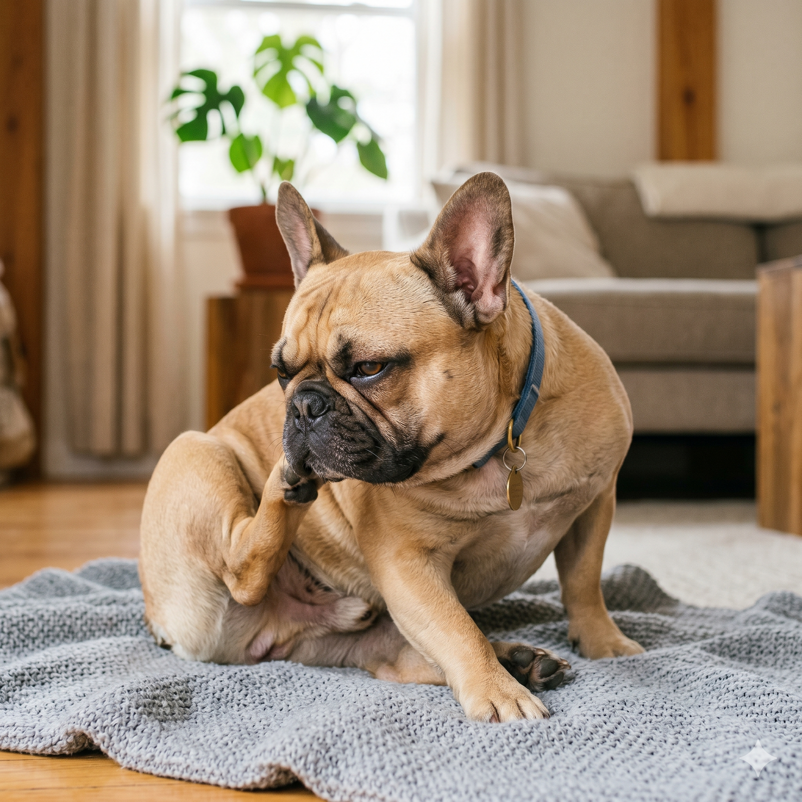 A 1:1 square photo of a single, harness-free Fawn French Bulldog seated on a grey blanket, actively scratching its itchy ear and neck with its paw due to allergies.