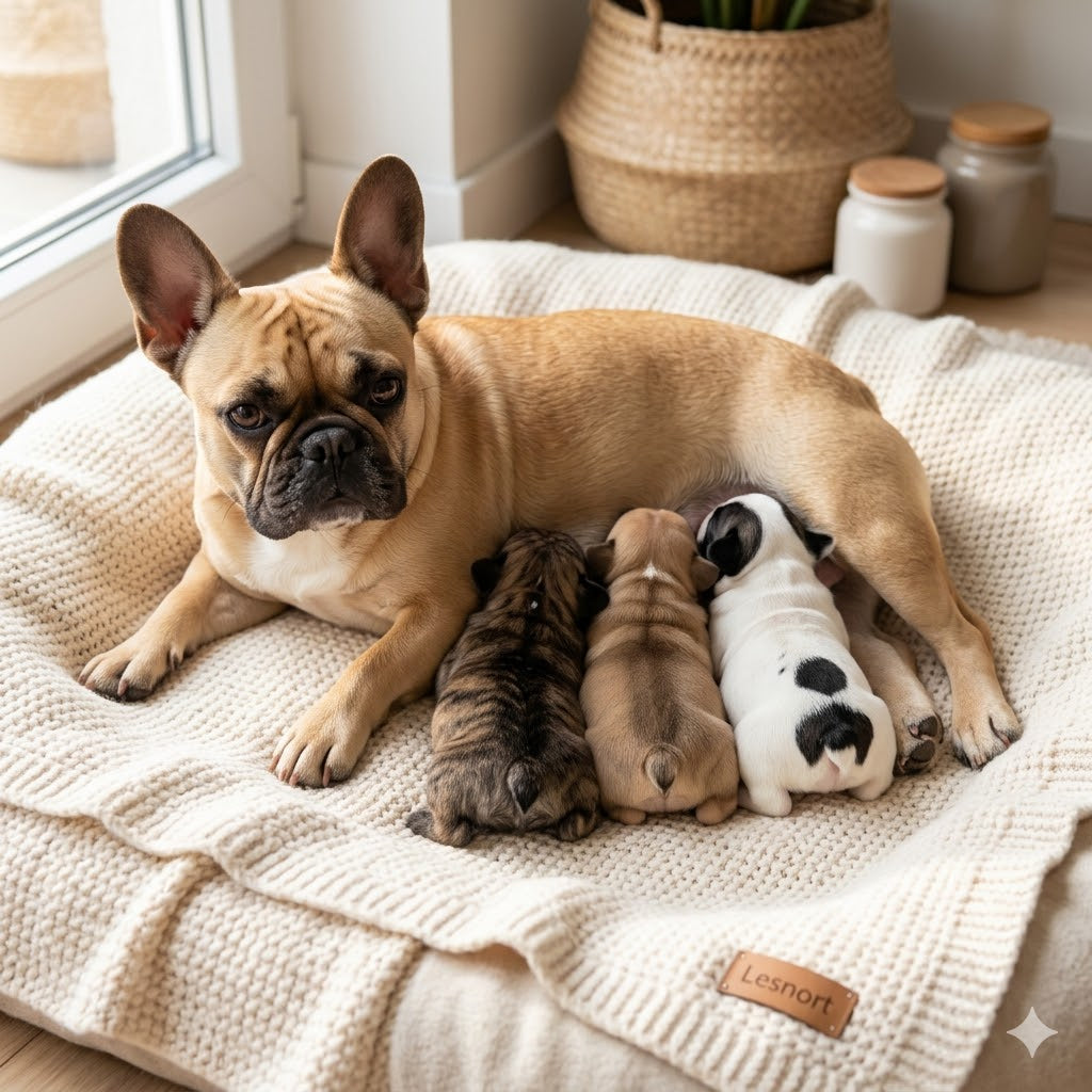 A fawn-colored adult French Bulldog lies comfortably on a textured, cream-colored waffle-knit blanket, looking directly at the camera with an alert expression.