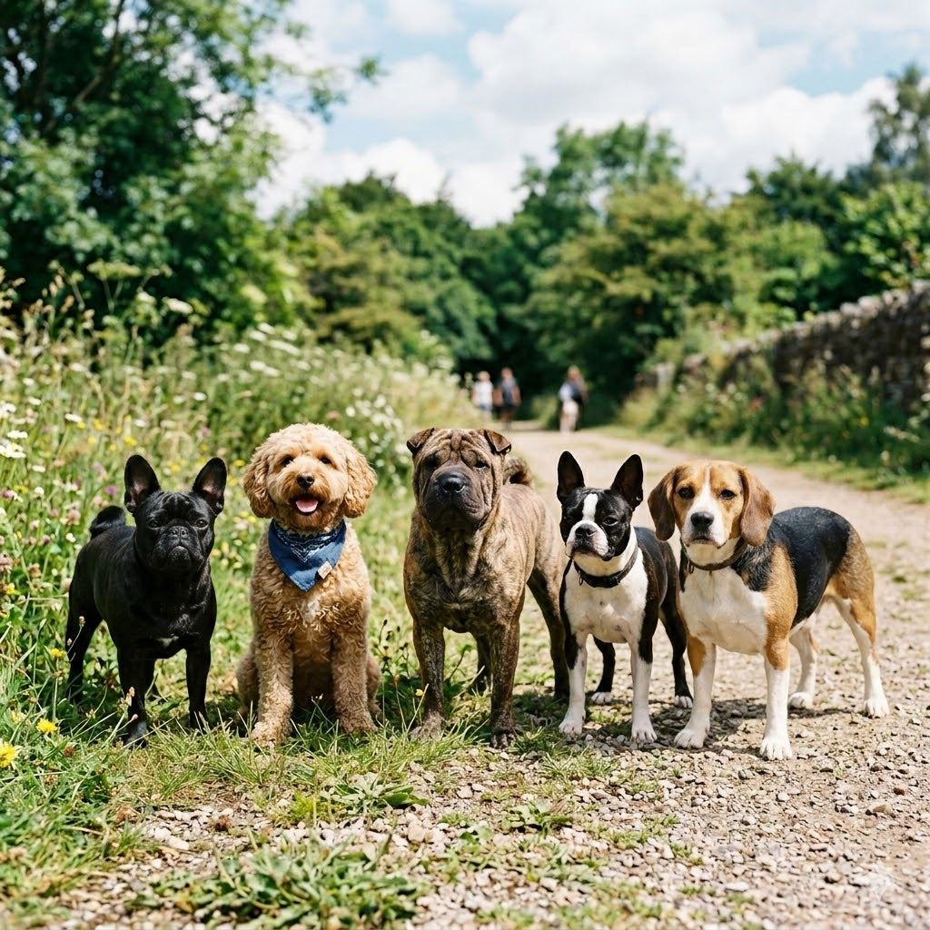 A photograph of five different dogs standing and sitting in a row on a countryside gravel path with a stone wall and trees under a blue, cloudy sky.