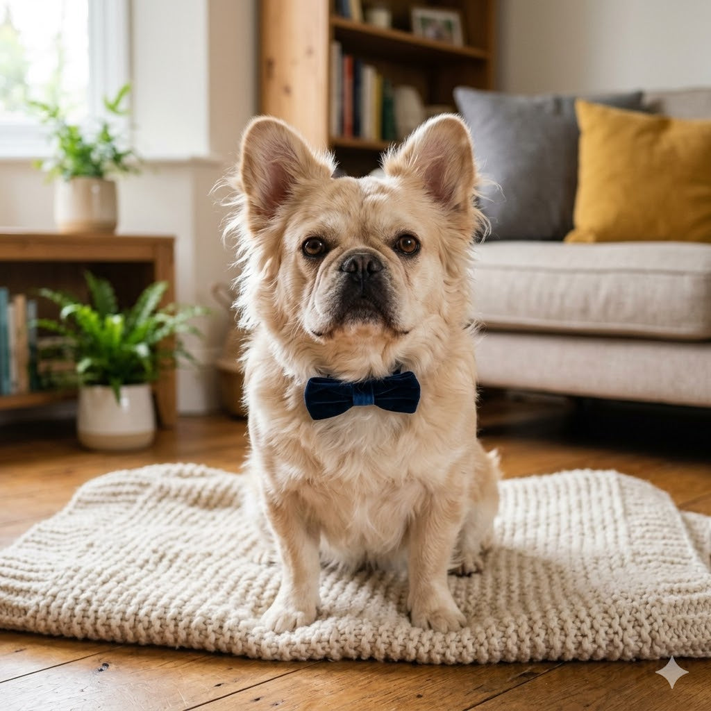 A detailed photograph of a fluffy, long-haired cream French Bulldog mix sitting attentively on a cream knitted mat.