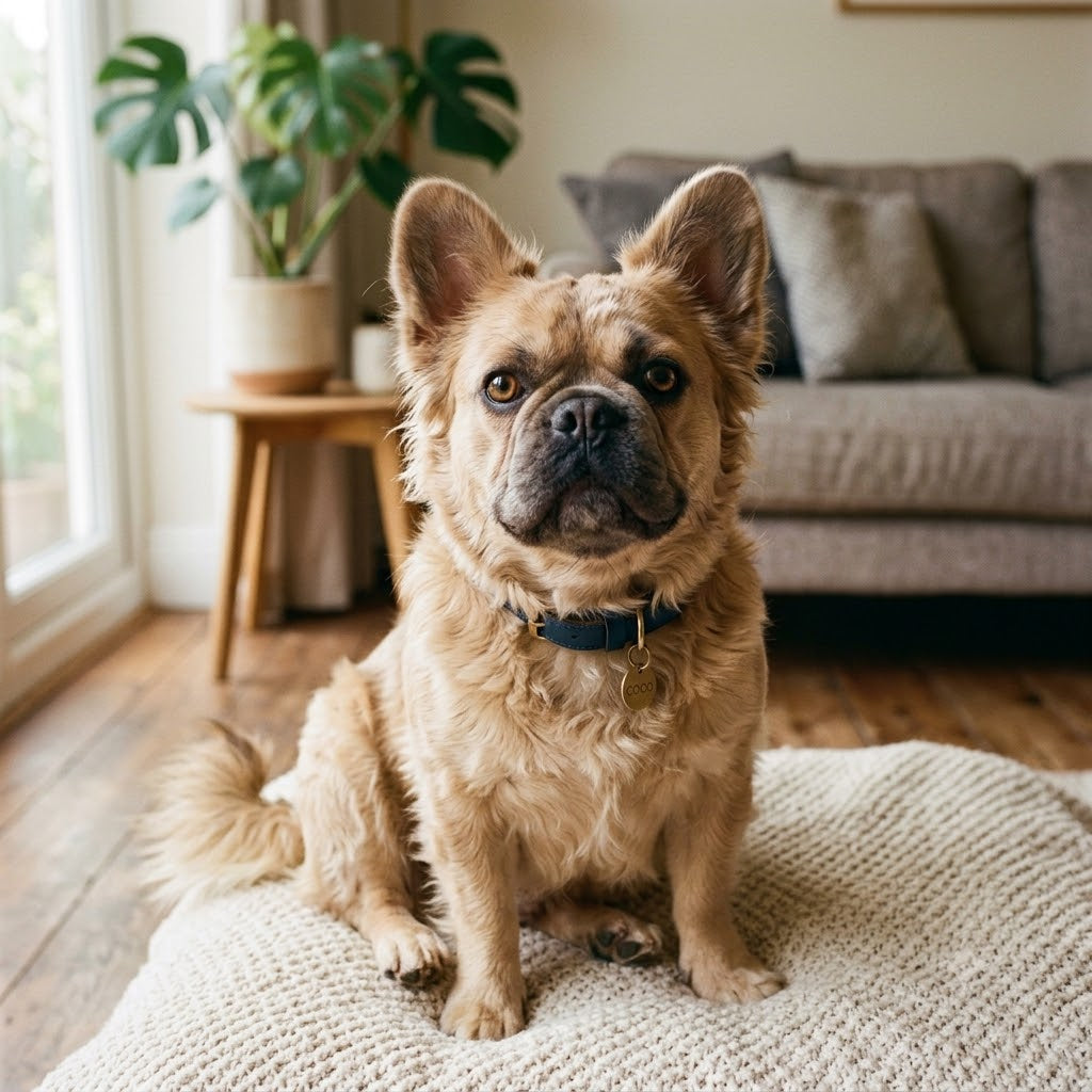 A small, fluffy light-brown dog with large, erect bat-like ears and a dark muzzle sitting attentively on a textured, beige knitted floor cushion.