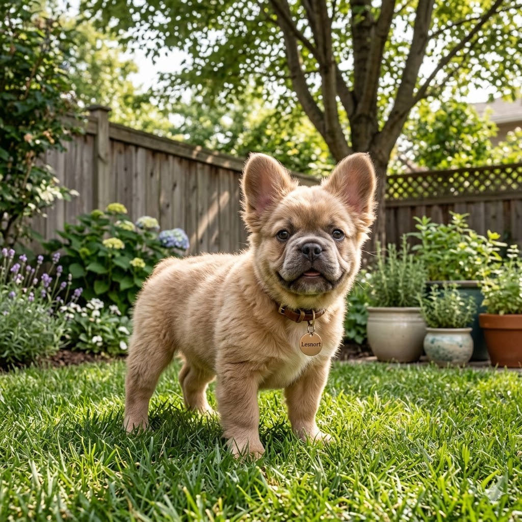 A 1:1 square photograph captures a highly fluffy fawn French Bulldog puppy standing in a sun-drenched, well-maintained backyard.